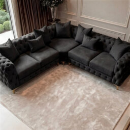 Sofaya Monaco 5 Seater Chesterfield Black Velvet Corner Chaise Sofa L Shaped - Deep Buttoned Upholstery Couch - thumbnail 2