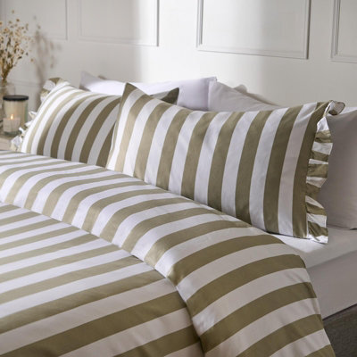 OHS Frill Duvet Cover Bedding Set Pillowcase Stripe Quilt Luxury, Sage - Double - image 1