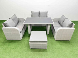 Fimous 7 Seater Patio Garden Furniture Sets With Black Glass Top Dining Table Love Sofa Big Stool Light Grey - thumbnail 2