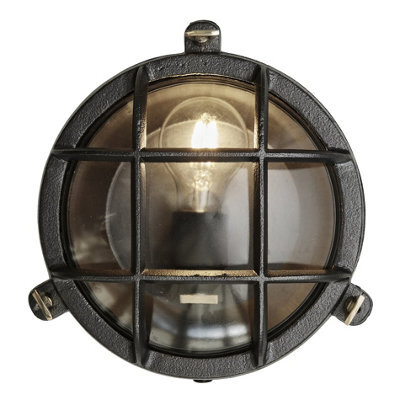 Industville Bulkhead Outdoor & Bathroom Round Wall Light - 8 Inch, Black, Clear Glass - image 1