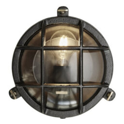 Industville Bulkhead Outdoor & Bathroom Round Wall Light - 8 Inch, Black, Clear Glass