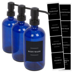 Harbour Housewares Glass Soap Dispensers With Labels - 500Ml - Blue/black - Pack Of 3 Refillable Kitchen Bathroom Pump Bottles