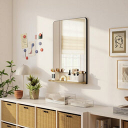 Homcom Decorative Mirror With Wood Shelf, Industrial Wall Mirror, Black - thumbnail 7