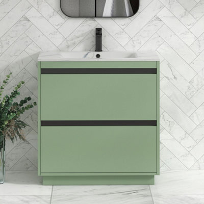 Royal Bathrooms Orion 800mm Mint Sage 2 Drawer Floor Standing Bathroom Vanity Unit With Carrara White Basin & Black Accent Trim - image 1