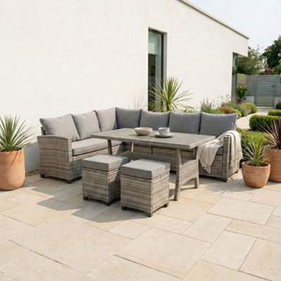 New - Evre Mumbai 8 Seater Grey Garden Corner Furniture Outdoor Sofa Dining Set Wood Table Top Thick Cushions - image 1