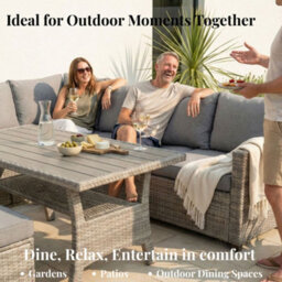 New - Evre Mumbai 8 Seater Grey Garden Corner Furniture Outdoor Sofa Dining Set Wood Table Top Thick Cushions - thumbnail 9
