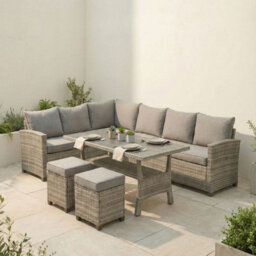 New - Evre Mumbai 8 Seater Grey Garden Corner Furniture Outdoor Sofa Dining Set Wood Table Top Thick Cushions - thumbnail 3