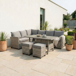 New - Evre Mumbai 8 Seater Grey Garden Corner Furniture Outdoor Sofa Dining Set Wood Table Top Thick Cushions