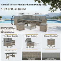 New - Evre Mumbai 8 Seater Grey Garden Corner Furniture Outdoor Sofa Dining Set Wood Table Top Thick Cushions - thumbnail 4