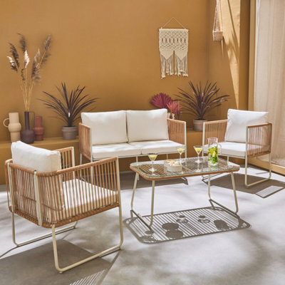 Sweeek - 4-Seater Garden Sofa Set With Plastic Ropes In Galvanised Steel Cesena Natural 115X60X68 Cm - image 1