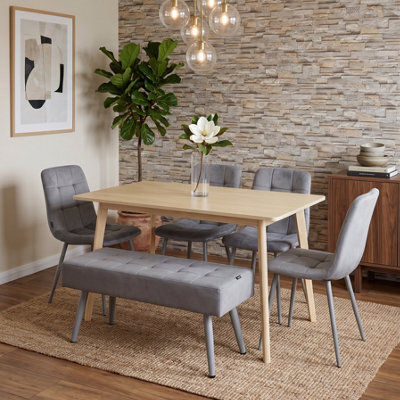 Doubs Light Oak Modern Dining Table With 4 Grey Velvet Chairs And 1 Bench 6-Piece Set - image 1