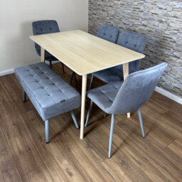 Doubs Light Oak Modern Dining Table With 4 Grey Velvet Chairs And 1 Bench 6-Piece Set - thumbnail 4