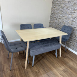 Doubs Light Oak Modern Dining Table With 4 Grey Velvet Chairs And 1 Bench 6-Piece Set - thumbnail 3