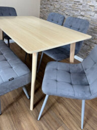 Doubs Light Oak Modern Dining Table With 4 Grey Velvet Chairs And 1 Bench 6-Piece Set - thumbnail 5