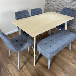 Doubs Light Oak Modern Dining Table With 4 Grey Velvet Chairs And 1 Bench 6-Piece Set - thumbnail 2