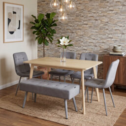 Doubs Light Oak Modern Dining Table With 4 Grey Velvet Chairs And 1 Bench 6-Piece Set