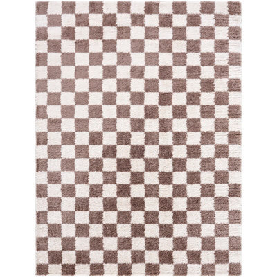 Livabliss Fossay Shaggy-Washable Beige Brown High Pile Checkered Living Bedroom Rug 160 X 213 Cm Easy Care, Non Shedding - image 1