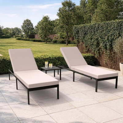 Vonhaus Sun Loungers 3 Piece Set With Side Table, Garden Recliner Sunloungers With Cushions, Outdoor Patio Set, Aruba - image 1
