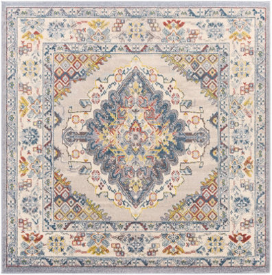 Livabliss Square Ankara-Vintage Grey Taupe Blue Traditional Boho Living Dining Bedroom Rug 200 X 200 Cm Easy Care, Non Shedding - image 1