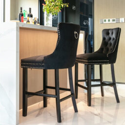 HomeTouch Set Of 4  Velvet Upholstered Bar Stools Kitchen Breakfast Barstools With Wooden Legs Bar Chairs For Counter Black - thumbnail 3