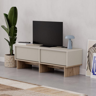 Decortie Modern Tv Stand 118Cm With 2 Soft-Close Drop-Down Doors, Wall-Mount Option Tv Cabinet Living Room, Sandstone, Natural Oak - image 1