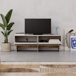 Decortie Modern Tv Stand 118Cm With 2 Soft-Close Drop-Down Doors, Wall-Mount Option Tv Cabinet Living Room, Sandstone, Natural Oak - thumbnail 6