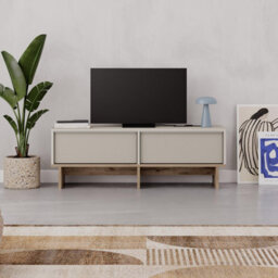 Decortie Modern Tv Stand 118Cm With 2 Soft-Close Drop-Down Doors, Wall-Mount Option Tv Cabinet Living Room, Sandstone, Natural Oak - thumbnail 7