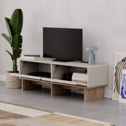 Decortie Modern Tv Stand 118Cm With 2 Soft-Close Drop-Down Doors, Wall-Mount Option Tv Cabinet Living Room, Sandstone, Natural Oak - thumbnail 4