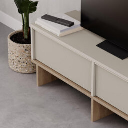 Decortie Modern Tv Stand 118Cm With 2 Soft-Close Drop-Down Doors, Wall-Mount Option Tv Cabinet Living Room, Sandstone, Natural Oak - thumbnail 5