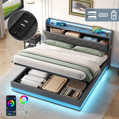 Btm 4Ft6 Linen Storage Bed, Hydraulic Lift Bed Frame With Led Tufted Headboard, Charging Station & Hidden Storage, Grey - image 1
