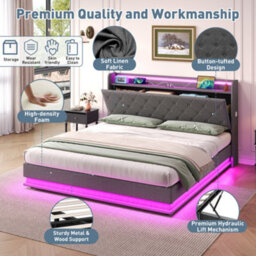 Btm 4Ft6 Linen Storage Bed, Hydraulic Lift Bed Frame With Led Tufted Headboard, Charging Station & Hidden Storage, Grey - thumbnail 8