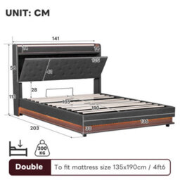 Btm 4Ft6 Linen Storage Bed, Hydraulic Lift Bed Frame With Led Tufted Headboard, Charging Station & Hidden Storage, Grey - thumbnail 9
