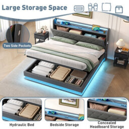 Btm 4Ft6 Linen Storage Bed, Hydraulic Lift Bed Frame With Led Tufted Headboard, Charging Station & Hidden Storage, Grey - thumbnail 6