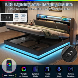 Btm 4Ft6 Linen Storage Bed, Hydraulic Lift Bed Frame With Led Tufted Headboard, Charging Station & Hidden Storage, Grey - thumbnail 7