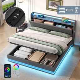Btm 4Ft6 Linen Storage Bed, Hydraulic Lift Bed Frame With Led Tufted Headboard, Charging Station & Hidden Storage, Grey - thumbnail 1