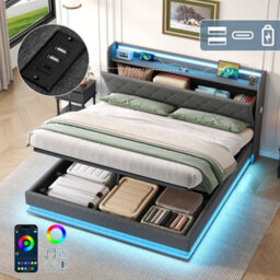 Btm 4Ft6 Linen Storage Bed, Hydraulic Lift Bed Frame With Led Tufted Headboard, Charging Station & Hidden Storage, Grey