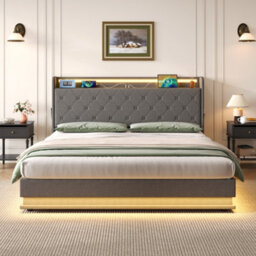 Btm 4Ft6 Linen Storage Bed, Hydraulic Lift Bed Frame With Led Tufted Headboard, Charging Station & Hidden Storage, Grey - thumbnail 5