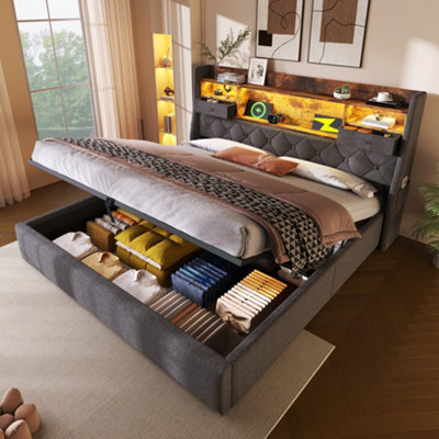 Btm 4Ft6 Double Hydraulic Bed, Led & Usb/type-C, Storage Headboard, Linen Grey (No Mattress) - image 1