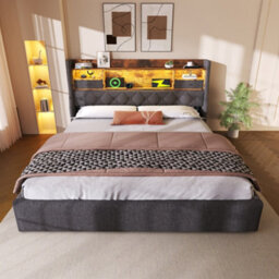 Btm 4Ft6 Double Hydraulic Bed, Led & Usb/type-C, Storage Headboard, Linen Grey (No Mattress) - thumbnail 9
