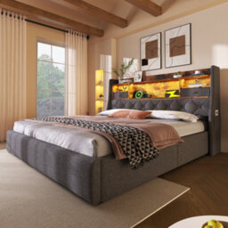 Btm 4Ft6 Double Hydraulic Bed, Led & Usb/type-C, Storage Headboard, Linen Grey (No Mattress) - thumbnail 8