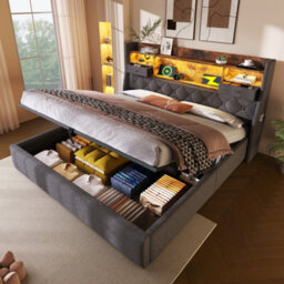 Btm 4Ft6 Double Hydraulic Bed, Led & Usb/type-C, Storage Headboard, Linen Grey (No Mattress) - thumbnail 1