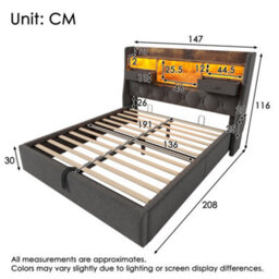 Btm 4Ft6 Double Hydraulic Bed, Led & Usb/type-C, Storage Headboard, Linen Grey (No Mattress) - thumbnail 2