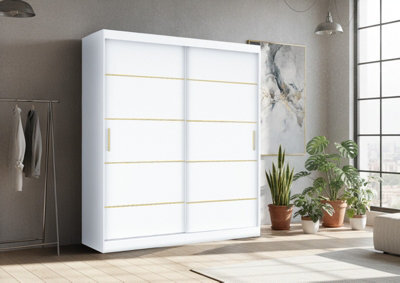 Fhif Lexiss Gold 203Cm White Modern Sliding Door Wardrobe Bedroom Storage With Shelves & Hanging Rail - image 1