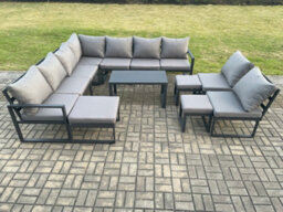Fimous Aluminium 12 Seater Patio Outdoor Garden Furniture Lounge Corner Sofa Set With Oblong Coffee Table With 3 Footstools - thumbnail 2