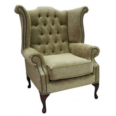 Chesterfield High Back Wing Chair Fontana Jacquard Gold Fabric In Queen Anne Style - image 1