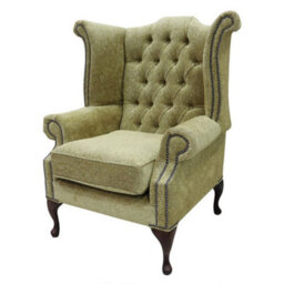 Chesterfield High Back Wing Chair Fontana Jacquard Gold Fabric In Queen Anne Style - thumbnail 2