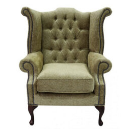 Chesterfield High Back Wing Chair Fontana Jacquard Gold Fabric In Queen Anne Style - thumbnail 3