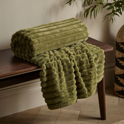 Catherine Lansfield Cosy Ribbed Faux Fur Blanket Throw Olive Green - image 1