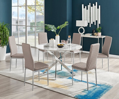 Furniturebox Novara White Marble Effect 120Cm Round Dining Table With Chrome Starburst Legs & 6 Beige Faux Leather Milan Chairs - image 1