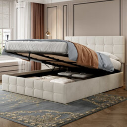 Matteo Deluxe 4Ft6 Double Beige Velvet Ottoman Storage Bed Frame With Hydraulic Lift & Adjustable Button Tufted Headboard - thumbnail 2